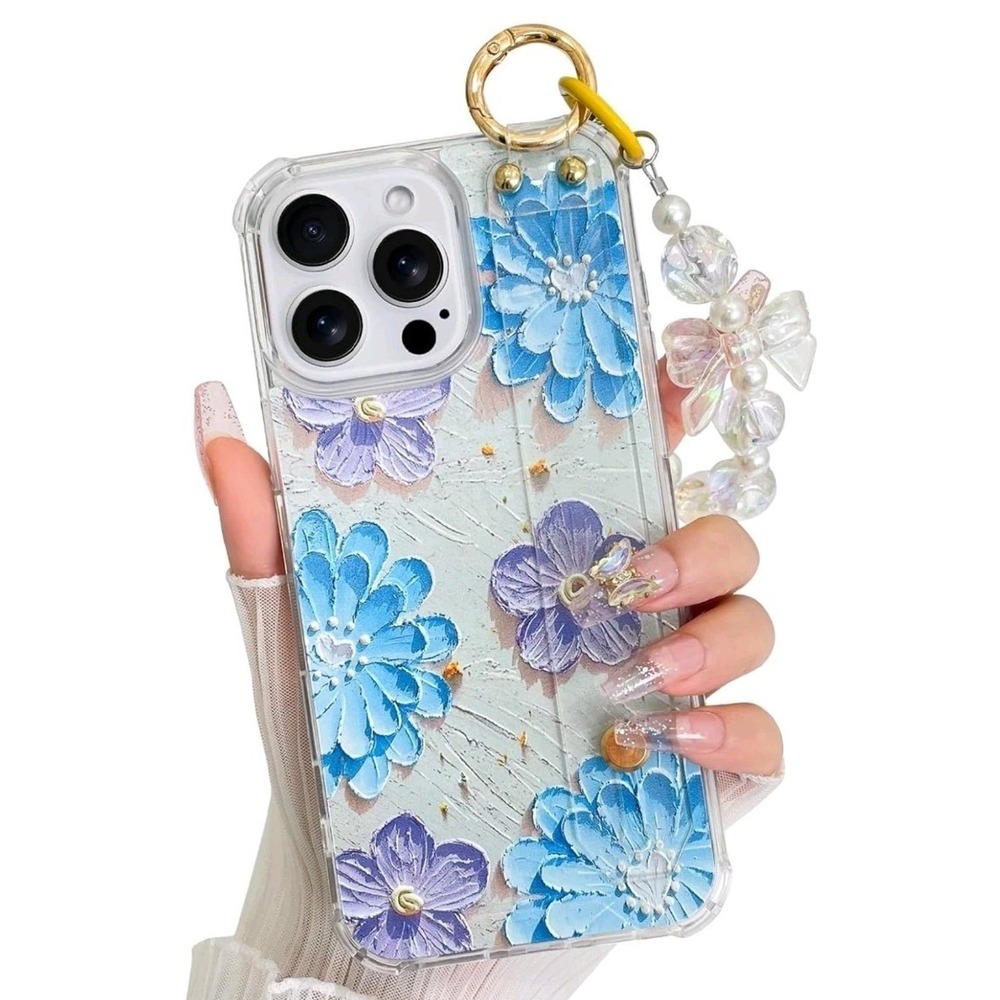 AIGOMARA iPhone 16 Pro Case Blue Floral with Wristband & Bracelet Chain s7